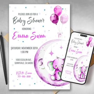 Elephant Baby Shower Invitation: Pink & Greenery (Digital File)