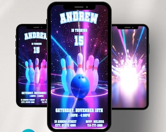 Bowling Birthday Video Invitation | Editable Neon Game Party Invite (Digital Download)