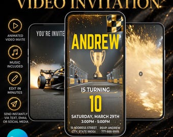 Race Car Birthday Video Invitation, Luxury Racing Party Invite, Boys Evite, Editable Canva Template