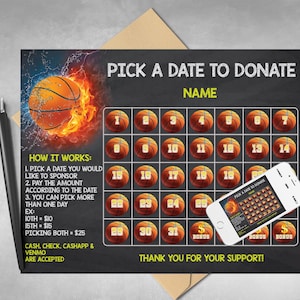 Basketball Fundraiser Calendar, Pick Date to Donate Print, Basketball Fundraiser Template, Sports Fundraiser, Slam Dunk Your Next Fundraiser