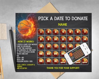 Basketball Fundraiser Calendar: Pick a Date to Donate, Sports Team Template (Digital File)