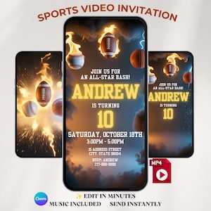 Inbjudningsvideo för sportfödelsedag, animerad baseboll, fotboll, basket, eldfest, Canva-mall