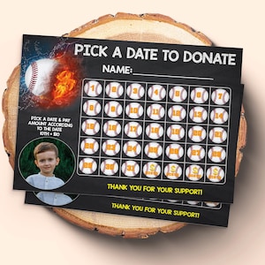 Baseball Calendar Fundraiser with photo, Pick a Date to Donate Printable, Baseball Fundraiser Template, Sport calendar, Sports Birthday