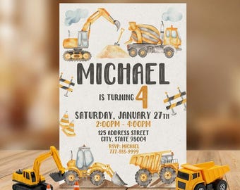 Construction Birthday Invitation, Dump Truck Party Invite, Editable Template