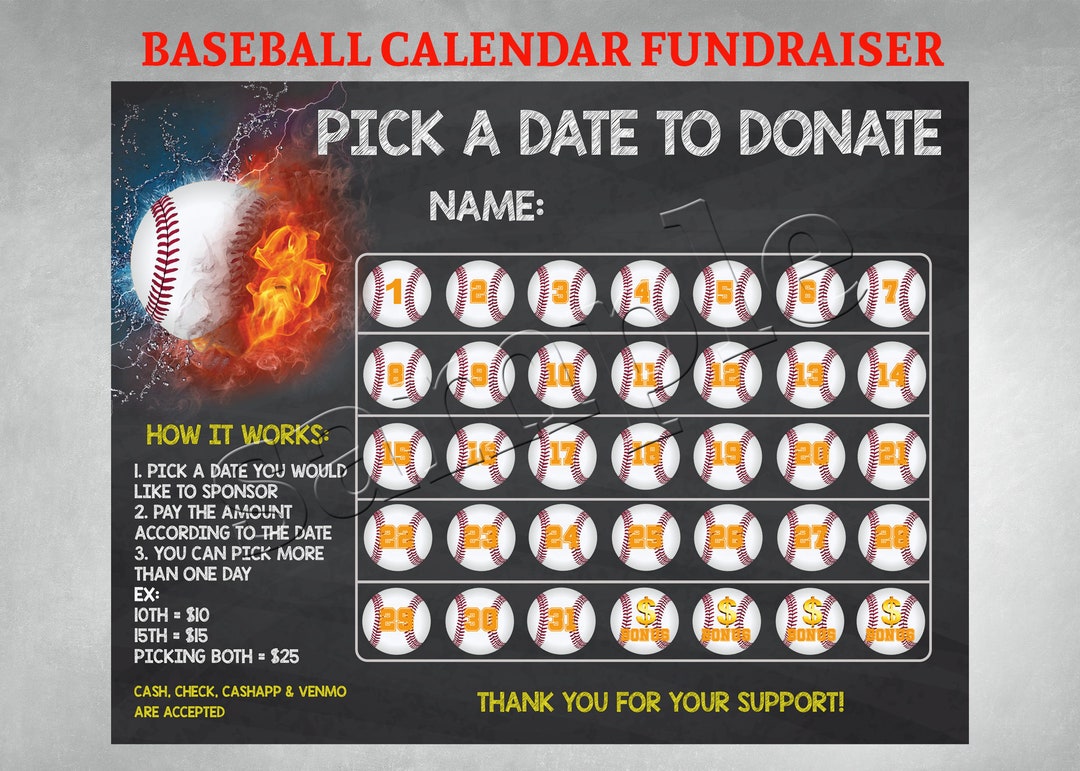 Baseball Calendar Fundraiser Pick a Date to Donate Printable Etsy