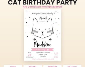 Cat Birthday Party Invitation, Pink Kitty Paw-ty Invite for Girls, Editable Canva Template
