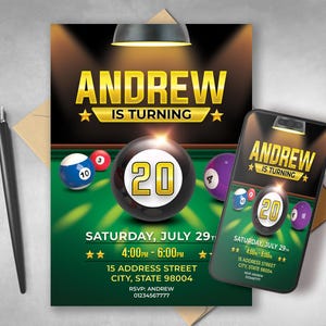 Billiards Birthday Invitation, Snooker Birthday invitations, Billiard Birthday Party, Billiards Invitation, Snooker, Game Night Printable