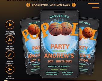 May include: An animated basketball pool video invitation template for a 10th birthday party. The design features basketballs, water splashes, and text reading JOIN US FOR A POOL PARTY TO CELEBRATE ANDREW'S 10TH BIRTHDAY, SATURDAY, OCTOBER 8TH, 2:00P.M. - 4:00P.M.