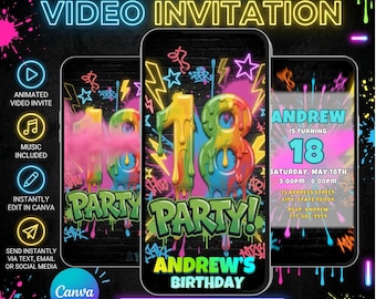 Videoeinladung zum 18. Geburtstag, Neon-Graffiti-Party-Einladung, bearbeitbare Canva-Vorlage, endlich 18!
