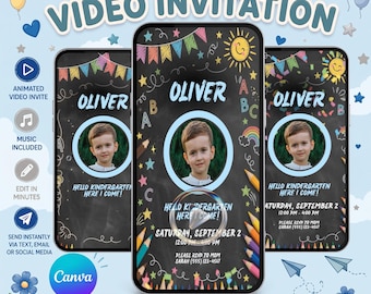 Animierte Videoeinladung zum Schulanfang, Fotoeinladung für Jungen zum ersten Schultag (Digitaler Download)