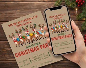 Christmas Party Invitation | Editable Reindeer Holiday Template | Funny Xmas Invite | Canva Instant Download