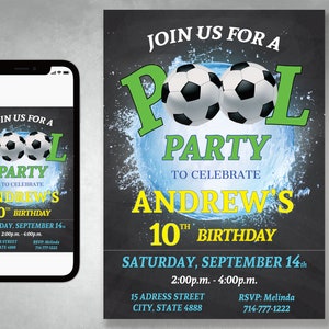 Soccer Pool Party, Birthday Invitation, Soccer Invitation, Splash Party, Football Invitation, Soccer Invite, Birthday Invitation Printable