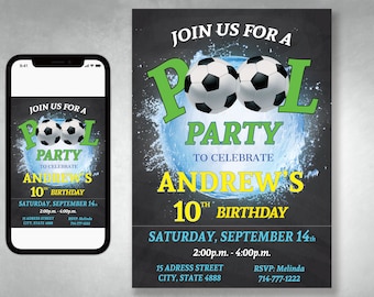 Soccer Pool Party, Birthday Invitation, Soccer Invitation, Splash Party, Football Invitation, Soccer Invite, Birthday Invitation Printable
