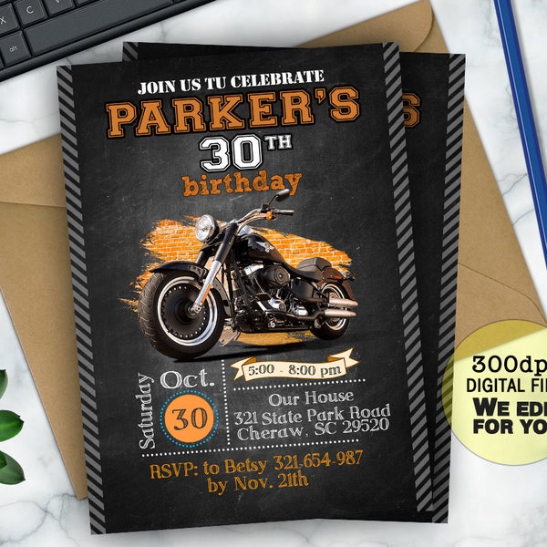 Invitation d’anniversaire de moto, invitation de moto, anniversaire de moto, tout âge, invitation de vélo de saleté, invitation du 30e anniversaire