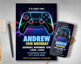 編集可能なビデオゲーム誕生日招待状：ゲーマーパーティー、ゲームコントローラー（デジタルテンプレート）