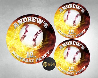 Personalized Baseball Birthday Party Stickers, Boys Fire Favor Labels Round Printable (Digital Download)