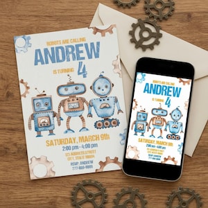 Robot Birthday Invitation | Editable Printable Kids Party Invite | Digital Template