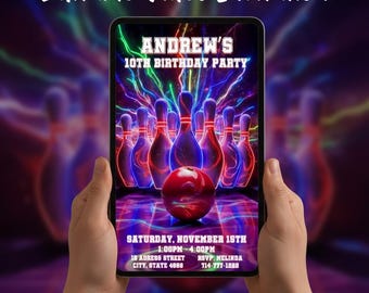 Bowling Video Invitation | Neon Bowling Birthday Party Invite (Digital Download)