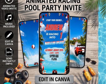 Video-Einladung zum schnellen Geburtstag, Einladung zur Poolparty im Rennwagen-Stil, bearbeitbare Canva-Vorlage