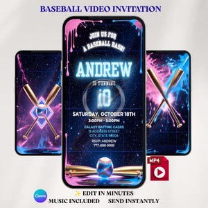 Puede incluir: Una invitación de video digital de béisbol mostrada en tres pantallas de teléfono. El diseño presenta un fondo de cuadrícula azul oscuro con gotas de pintura rosa y azul, bates de béisbol cruzados y una pelota. Incluye el texto Andrew is turning 10.