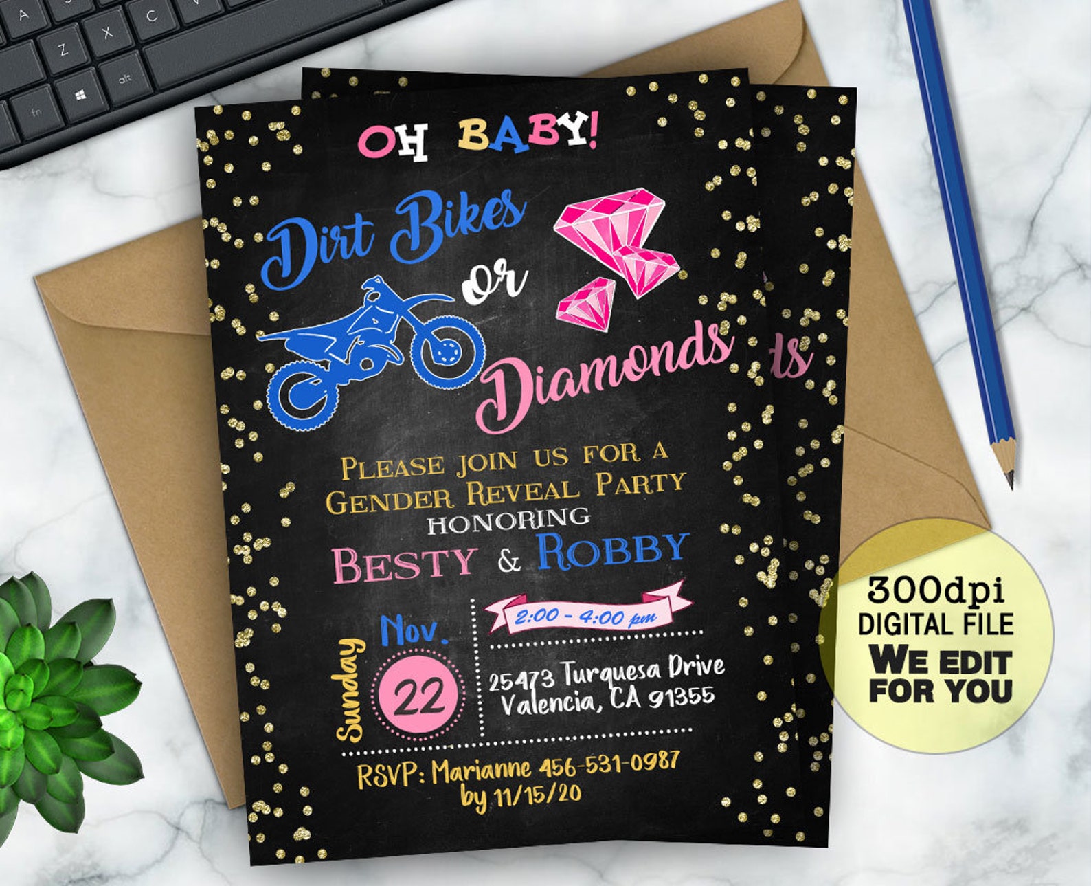 Dirt Bike Gender Reveal Invitation Diamond Gender Reveal He Etsy