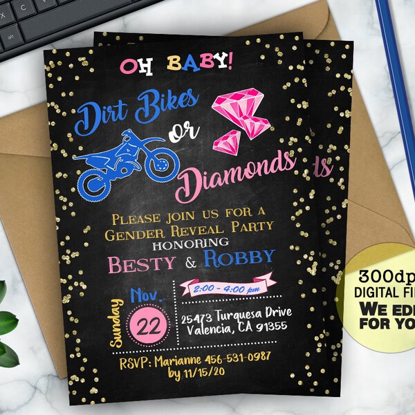 Dirt bike Gender Reveal Invitation, Diamond Gender Reveal, He or She, Blue or Pink, Diamond invitation, Chalkboard, Printable, Dirt bike