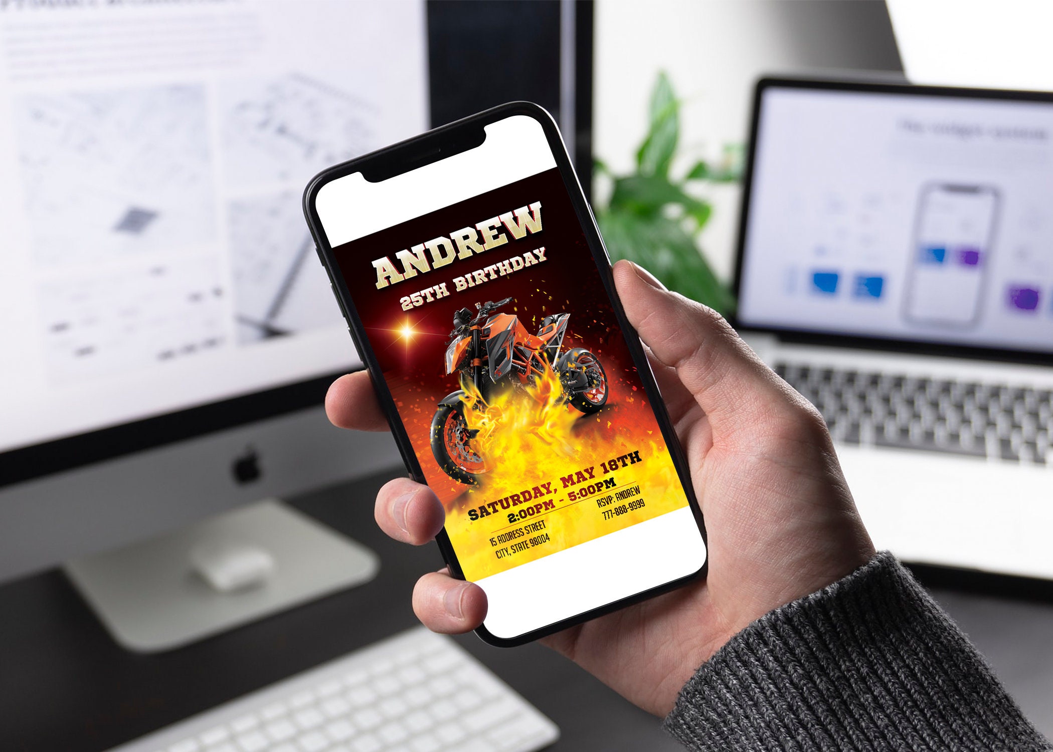 Motocross Birthday Invitation: Fire Motorcycle, Any Age (digital