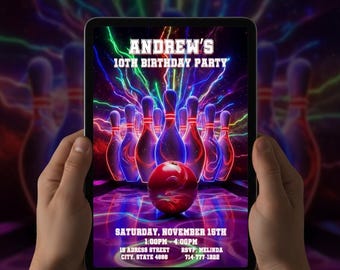 Video-Einladung zum Bowling, animierte, im Dunkeln leuchtende Neon-Geburtstagseinladung, bearbeitbare Canva-Vorlage