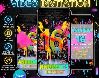 Videoeinladung zum 16. Geburtstag, Graffiti-Neon-Party-Einladung, bearbeitbare Canva-Vorlage, Streetart für Teenager