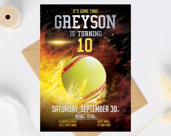 Softball Birthday Invitation, Sports Party Invite, Editable Canva Template, Instant Download