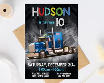 Invitación de cumpleaños con temática de camión, invitación imprimible para fiesta de camiones grandes para niños, fiesta personalizada de camioneros