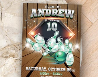 May include: Birthday invitation with a bowling theme, featuring the name "Andrew" in silver and green. The invitation includes the text "It's Game Time!" and "Is Turning 10". The date and time of the party are also included.