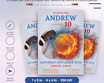 May include: A printable sports invitation featuring a basketball engulfed in flames, a football, and a baseball. The text reads: IT'S GAME TIME! ANDREW IS TURNING 10, SATURDAY, NOVEMBER 25TH, 11:00A.M. - 1:30P.M. 15 ADRESS STREET CITY, STATE 4888.