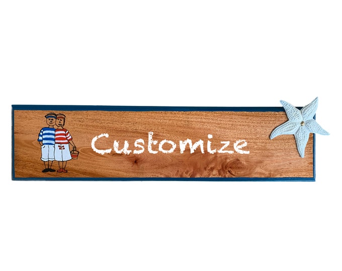 Custom kid room decor sign for door or wall - painting on mahogany wood and handmade metal starfish