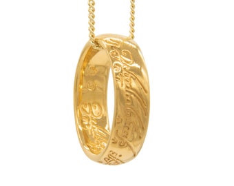 Gollum® Gold The One Ring™ Necklace, 24k Gold Plated Bronze The One Ring of Power from The Lord of the Rings™