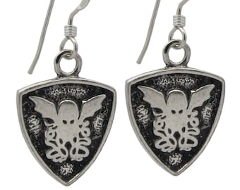 Cthulhu Crest Earrings, HP Lovecraft's Call of Cthulhu Jewelry, Sterling Silver Cthulhu Dangles, Includes Free US Shipping