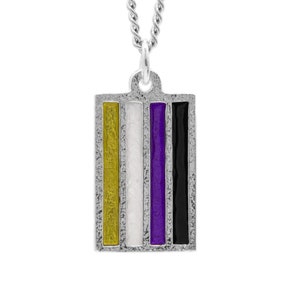 May include: A silver-toned necklace with a rectangular pendant featuring vertical stripes of yellow, white, purple, and black. The pendant is attached to a twisted chain. The design is a non-binary pride flag.