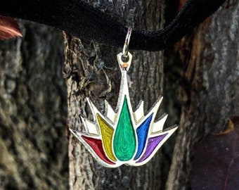 NecroTech Lotus Tattoo Necklace or Pin with PRIDE Rainbow Enamel Finish, Officially Licensed, Sterling Silver, Gay Pride, Free US Shipping