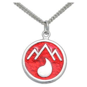 May include: A silver necklace with a red enamel pendant featuring a white mountain range and a teardrop shape.