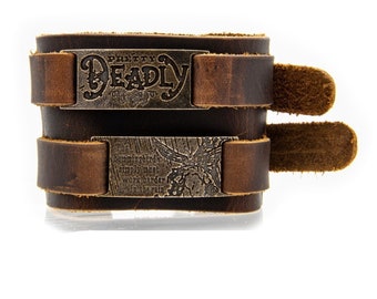 Pretty Deadly Leather Cuff Bracelet & Choker, Officially Licensed Pretty Deadly Jewelry, Bronze Tags for Bracelet or Choker