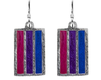 Bisexual PRIDE Flag Earrings, Sterling Silver Pride Flag Dangles, Hand Enameled, LGBTQIA+ Pride Jewelry, Includes Free US Shipping