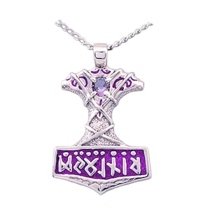 Ornate Thor&#39;s Hammer Necklace with Gemstone, Viking Jewelry, Sterling Silver Pendant, Runes, Norse Gods, Includes Free US Shipping