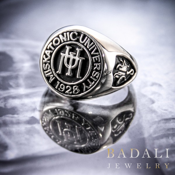 Miskatonic University Class Ring, HP Lovecraft's Call of Cthulhu inspiré des bijoux, Recycled Sterling Silver MU Signet Ring, US Sizes 5 - 15