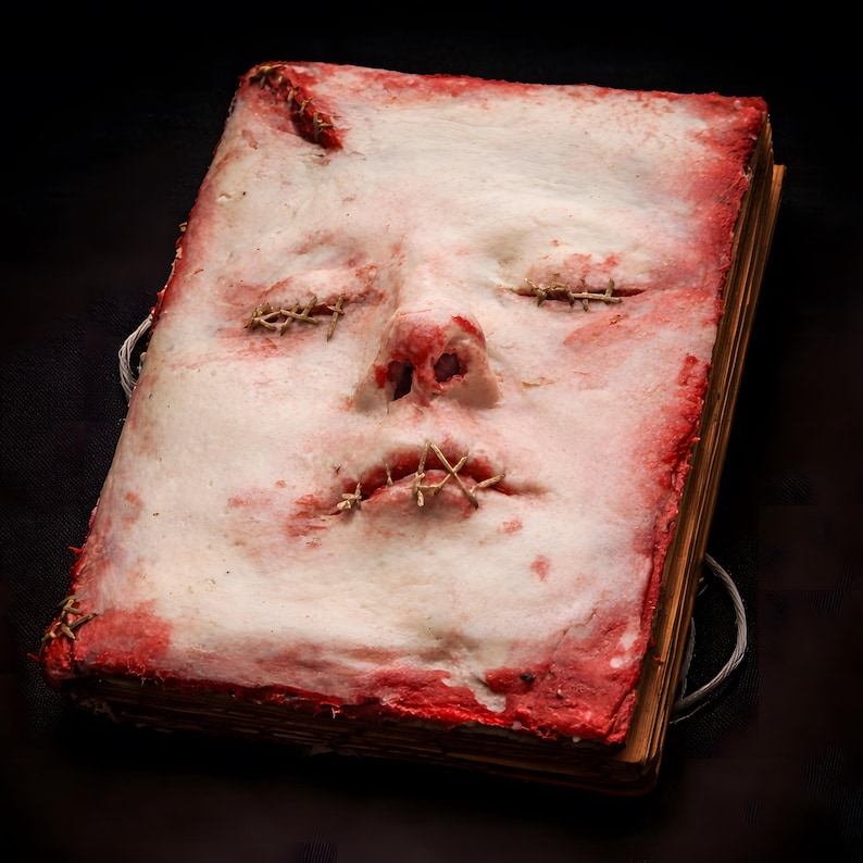 Front view of human skin face book, handmade dark art book with sculpted human face and realistic skin-like texture