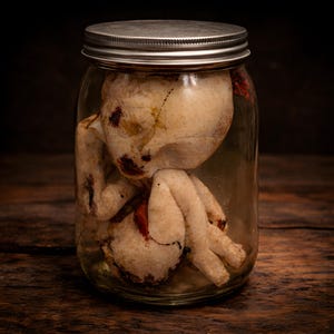 Specimen jar replica displayed as dark curiosity decor, handmade cabinet of curiosities object for collectors and horror interiors