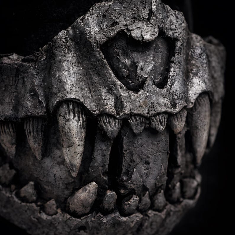 Macro detail of fangs on half mask, handmade dark art showing sculpted teeth and realistic surface texture