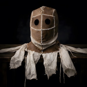 Leather Scarecrow Hood Mask – Handmade Horror Scarecrow Costume, Custom Halloween Mask, Dark Art LARP Headpiece