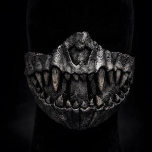 Half mask with fangs dark art, handmade lightweight wearable mask featuring exposed teeth and macabre aesthetics