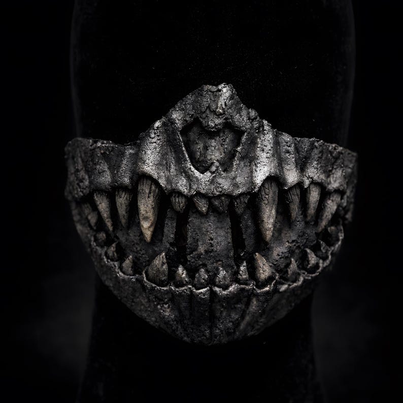 Half mask with fangs dark art, handmade lightweight wearable mask featuring exposed teeth and macabre aesthetics