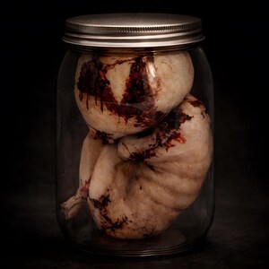 Front view of specimen jar replica, dark curiosity display object with realistic preserved specimen and glass container style